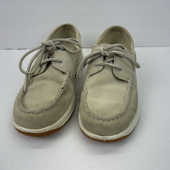 Lands End Boat Shoes Women's 7B Beige Leather Cushioned Insole Casual Slip On - Picture 2 of 14